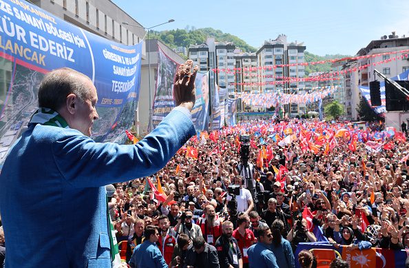GIRESUN, TURKIYE - MAY 04: Turkish President and Leader of the Justice and Development (AK) Party, Recep Tayyip Erdogan greets the crowd as he attends an electoral rally organized by his party in Giresun, Turkiye on May 04, 2023. (Photo by Mustafa Kamaci/Anadolu Agency via Getty Images)
