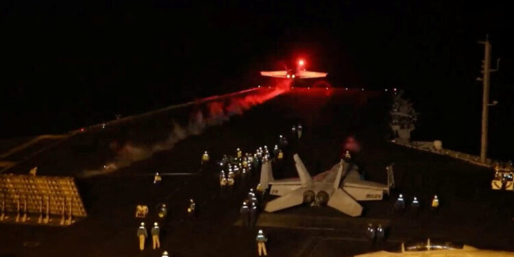 An aircraft takes off to join the U.S.-led coalition to conduct air strikes against military targets in Yemen, aimed at the Iran-backed Houthi militia that has been targeting international shipping in the Red Sea, from an undisclosed location, in this handout picture released on January 12, 2024. US Central Command via X/Handout via REUTERS    THIS IMAGE HAS BEEN SUPPLIED BY A THIRD PARTY. MANDATORY CREDIT