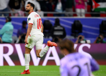 DOHA, QATAR - FEBRUARY 06: Musa Al-Taamari of Jordan celebrates scoring their second goal during the AFC Asian Cup semi final match between Jordan and South Korea at Ahmad Bin Ali Stadium on February 06, 2024 in Doha, Qatar. (Photo by Adam Nurkiewicz/Getty Images)