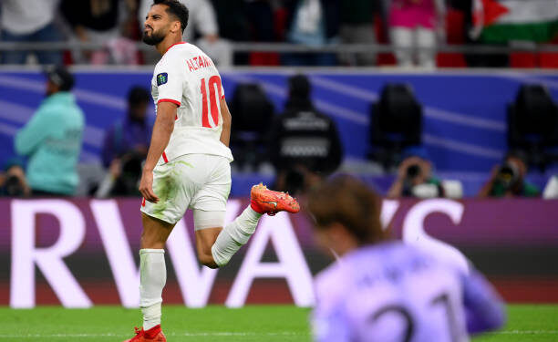 DOHA, QATAR - FEBRUARY 06: Musa Al-Taamari of Jordan celebrates scoring their second goal during the AFC Asian Cup semi final match between Jordan and South Korea at Ahmad Bin Ali Stadium on February 06, 2024 in Doha, Qatar. (Photo by Adam Nurkiewicz/Getty Images)