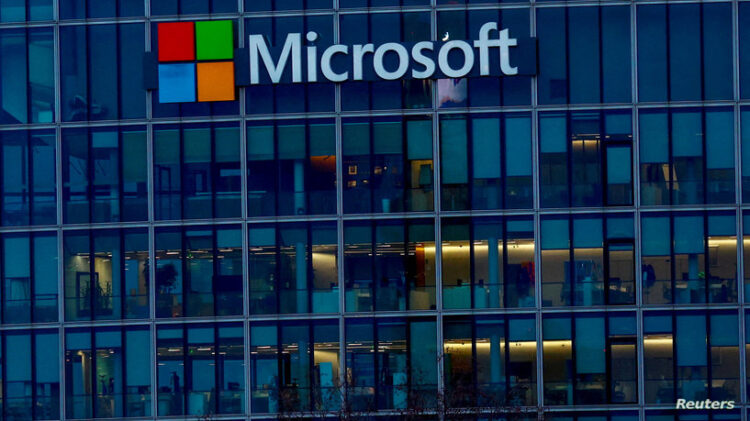 FILE PHOTO: FILE PHOTO: A view shows a Microsoft logo at Microsoft offices in Issy-les-Moulineaux near Paris, France, February 9, 2024. REUTERS/Gonzalo Fuentes/File Photo/File Photo